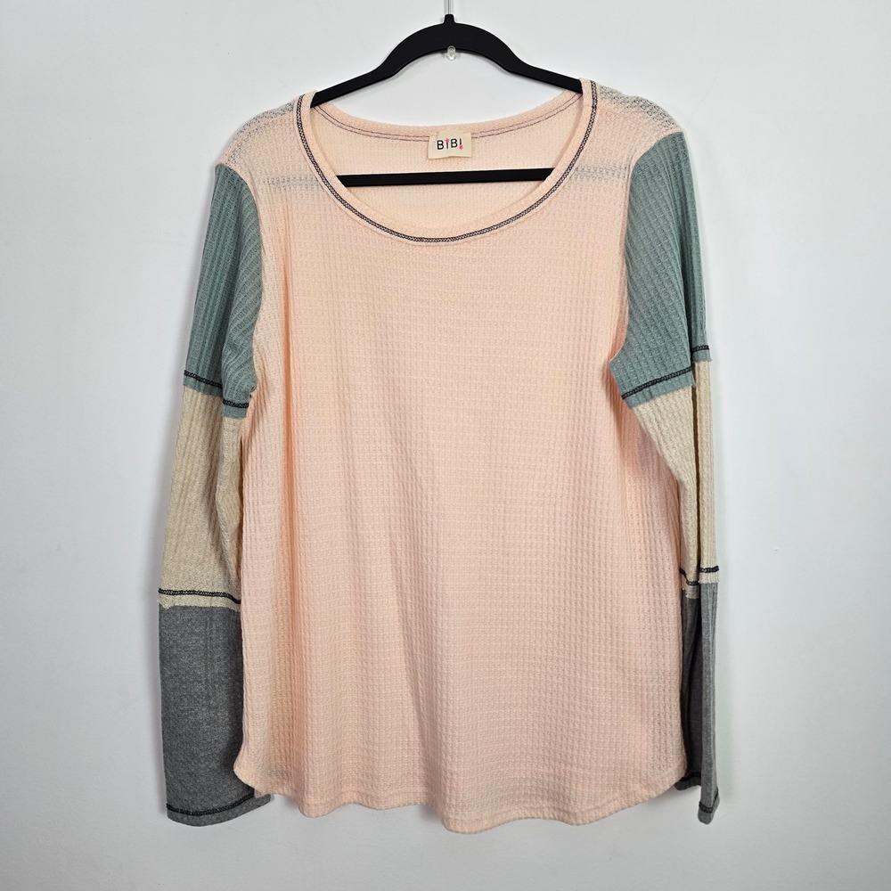 BIBI Waffle Knit Top Women XL Peach Colorblock Thermal PastelStreetwear Gorpcore - Picture 2 of 11